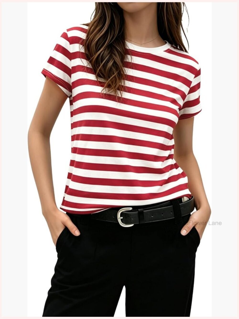 Striped Cropped Tee - Crew Neck Raw Edge Short Sleeve